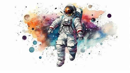 Wall Mural - astronaut and universe planets watercolor white background Generative AI