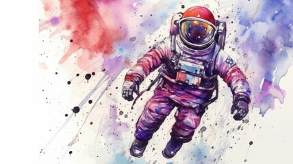 Wall Mural - astronaut and universe planets watercolor white background Generative AI