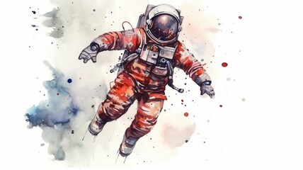 Wall Mural - astronaut and universe planets watercolor white background Generative AI