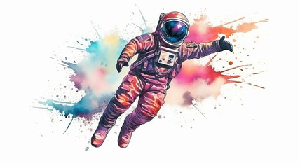 Wall Mural - astronaut and universe planets watercolor white background Generative AI