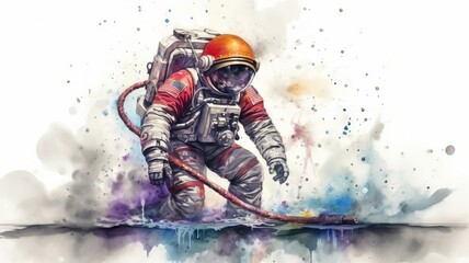 Wall Mural - astronaut and universe planets watercolor white background Generative AI