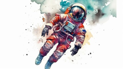 Wall Mural - astronaut and universe planets watercolor white background Generative AI