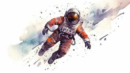 Wall Mural - astronaut and universe planets watercolor white background Generative AI