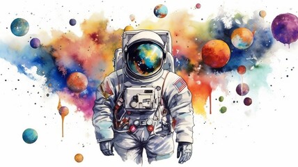 Wall Mural - astronaut and universe planets watercolor white background Generative AI