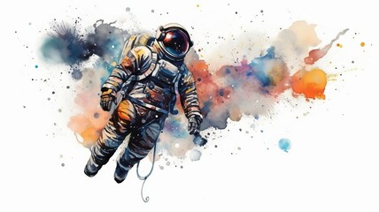Wall Mural - astronaut and universe planets watercolor white background Generative AI