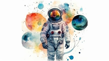 Wall Mural - astronaut and universe planets watercolor white background Generative AI