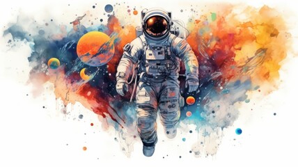 Wall Mural - astronaut and universe planets watercolor white background Generative AI