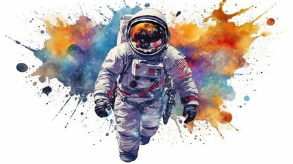 Wall Mural - astronaut and universe planets watercolor white background Generative AI