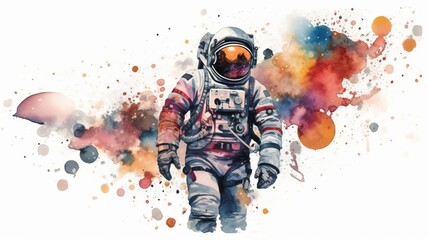 Wall Mural - astronaut and universe planets watercolor white background Generative AI