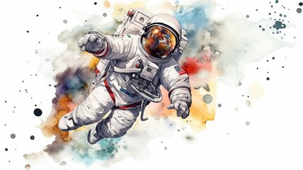 Wall Mural - astronaut and universe planets watercolor white background Generative AI