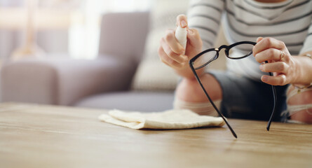 Sticker - Hands, woman cleaning glasses and spray bottle with chemical liquid, cloth and hygiene with lens maintenance. Clean spectacles, eyewear and female cleaner at home with eye care and mockup space