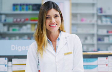 Wall Mural - Pharmacy pills, pharmacist portrait and happy woman in drugs store, pharmaceutical service or healthcare shop. Hospital dispensary, medicine product shelf and medical person for clinic services