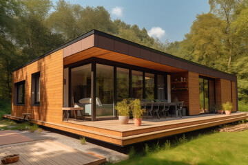 Wall Mural - Modular wooden house on wheels with flat roof and big windows all around. Modern and elegant style, with an outdoor living area, generative AI