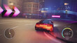 3D computer graphics of racing simulator. Sports car drifting and driving fast on modern urban roadway in night city. Gameplay of racing video game with interface. Playback on PC or mobile screen.