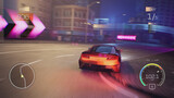 Fototapeta  - 3D computer graphics of racing simulator. Sports car drifting and driving fast on modern urban roadway in night city. Gameplay of racing video game with interface. Playback on PC or mobile screen.