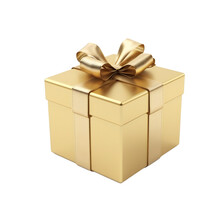 Realistic Gold Gift Box With Ribbon. 3D Rendering. PNG Icon On Transparent Background AI Generated