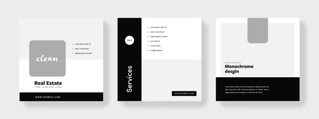 minimalistic social media layouts with black accent, clean editable graphic templates for web, black