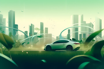 Wall Mural - Electric car with green city in the background  - Generative AI