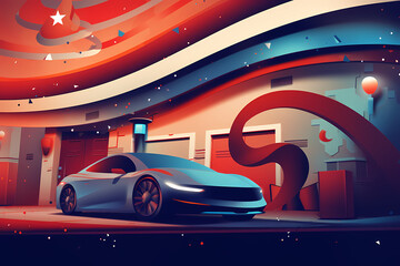 Wall Mural - electric car in the street, red white blue color ribbons, and stars  - Generative AI