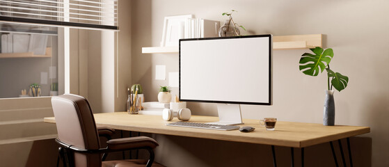 Wall Mural - minimal bright working space in apartment with computer mockup and decor