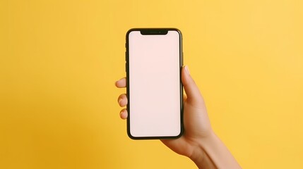 Female hands holding smartphone, great design for any purposes. Online communication. Smartphone mockup white screen. Digital technology. Mobile phone white screen mockup. Generative Ai.