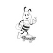 Retro rubber hose cartoon bee character on skate board vector illustration. Cool groovy bumblebee black and white personage print design.