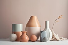 Modern Ceramic Vases On White Table And Beige Wall Background, Generative Ai