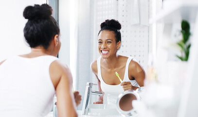 Poster - Woman check teeth in mirror, cleaning mouth with toothbrush and toothpaste, morning routine in bathroom. Dental, health and oral hygiene, female person grooming with fresh breath and wellness at home