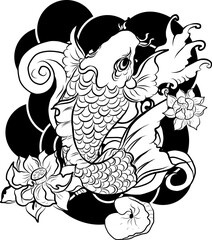 Wall Mural - vector illustration of Japanese koi fish tattoo style drawing. Japanese background. tattoo koi fish design. hand drawn outline koi fish and Chinese doodle art. Peony, Cherry blossom and lotus vector.