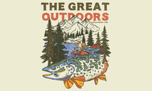 The Great Outdoors. Mountain Lake Artwork Design. Trout Fish Design. Wild Life. Keep Wild Nature. Fish With Mountain Graphic Print Design For T Shirt , Sticker, Posters And Others. 