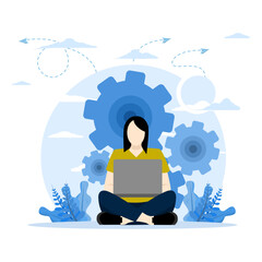 Wall Mural - a girl online assistant at work. online promotion. doing work from home or flexible work. work in the office or at home. manager at remote job vector. Vector illustration on a white background.