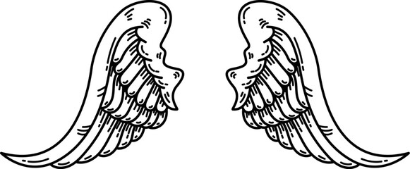 Wall Mural - illustration of a pair of wings in black and white,  done in a tattoo-style. Angel wings. illustration of bird wings.