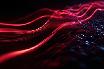 Wall Mural - abstract futuristic background with red glowing neon moving high speed wave lines and bokeh lights. 