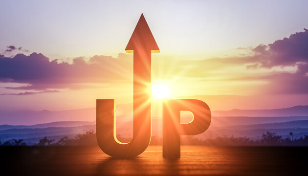 Wall Mural -  - Arrow rising up, sunrise and sun rising bright between upward arrow and UP and goal and growth success business concept. stock finance economy industry growth investment target concept