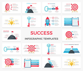 Success infographic templates - big set of templates, key to success, target with arrows, mountains with flags