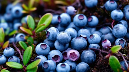 Wall Mural - Surface is covered with a thick layer of blueberries, moorland harvest. Natural background. Vaccinium uliginosum (bog bilberry, bog blueberry, northern bilberry or western blueberry) generative ai