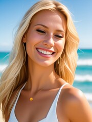 Sticker - Young attractive blonde woman near the ocean on a summer day. Generative AI