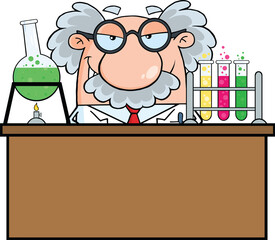 Wall Mural - Mad Scientist Or Professor In The Laboratory. Hand Drawn Illustration Isolated On Transparent Background