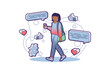 Social networks concept with people scene in the flat cartoon design. A girl walks down the street and checks social networks on her phone. Vector illustration.