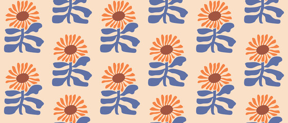 Hand Drawn Irregular Floral Seamless Vector Pattern. Orange-Blue Sunflowers with Galaxy Blue Leaves Isolated on a Ivory Background. Simple Abstract Garden Repeatable Design. Floral Endless Print.