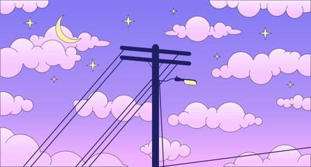 Telephone pole on dreamy night sky lo fi chill wallpaper. Electrical cables on evening sky 2D vector cartoon landscape illustration, vaporwave background. 80s retro album art, synthwave aesthetics