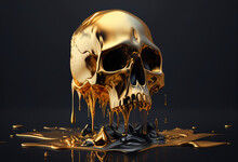 Golden Skull With Oil Splashes On Black Background. 3d Render Generative Ai