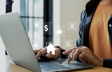 House mortgage loan concept. Businessman using laptop for property sales listings, realtor agency contractor, residential property, investment.