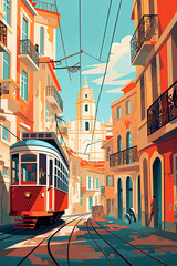 vintage poster, details, city of lisbon. capital of Portugal, Europe. vacation concept, tourist destination. illustration generated with artificial intelligence.