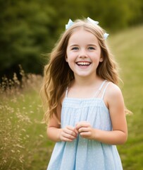 Wall Mural - Close up of young smiling girl outside at summer day. Generative AI