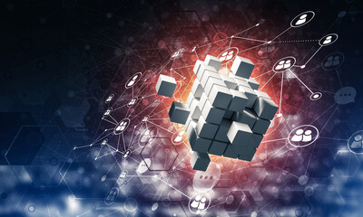 Wall Mural - concept of internet and networking with digital cube figure on dark background