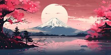 AI Generated. AI Generative. Retro Vintage Gravure Illustration Of Japan Mountain In Sakura Colors. Adventure Vibe. Graphic Art