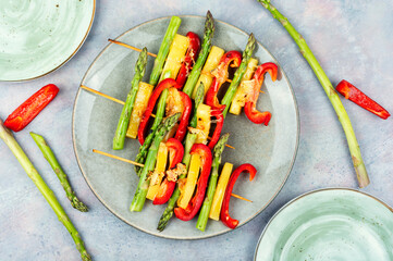 Wall Mural - Vegetable colorful skewers on wooden skewers.