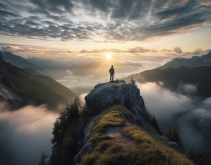 Canvas Print - a person standing on top of a mountain viewing clouds and the sunrise, in the style of swiss style, photo-realistic landscapes