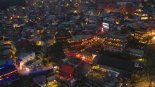TAIWAN, JIUFEN - MAY, 2023: Aerial Drone Of Old Town Jiufen, Famous Landmark Tourist Village On The Mountain In Taiwan.